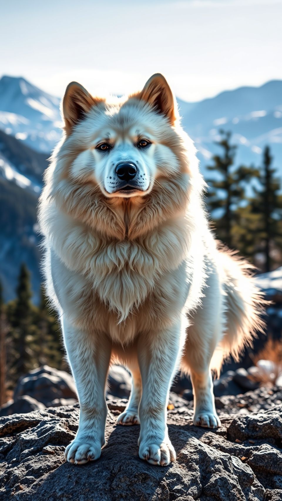 Majestic Hokkaido dog standing on rocky hill with fluffy coat and mountain backdrop