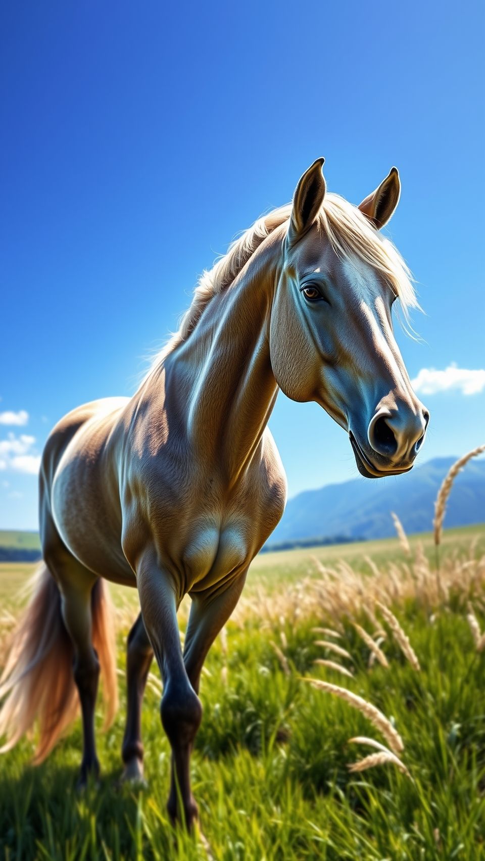 A beautiful horse standing in a field under the clear blue sky with golden sunlight