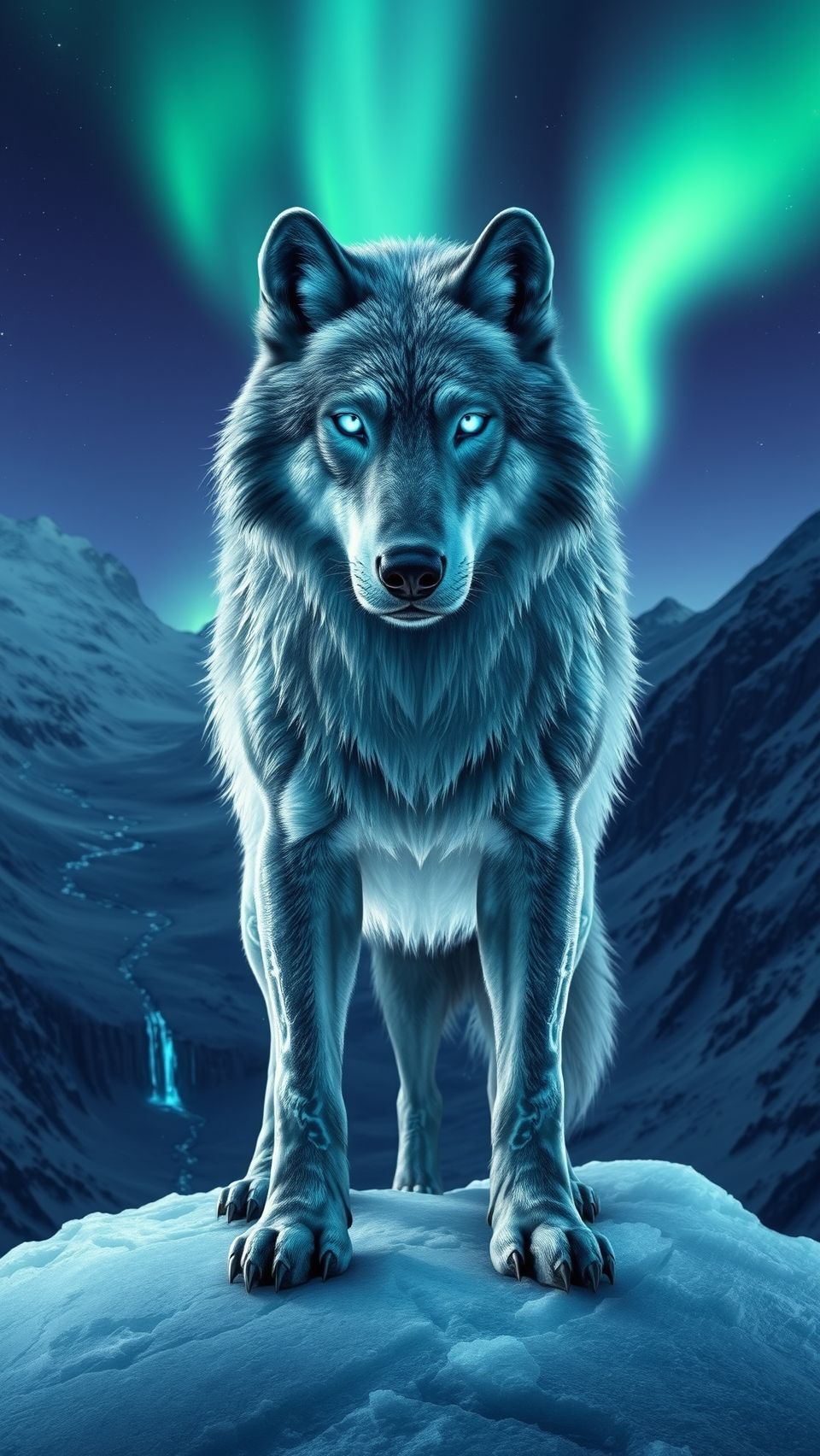 Majestic ice wolf standing under northern lights on frozen mountain peak at night