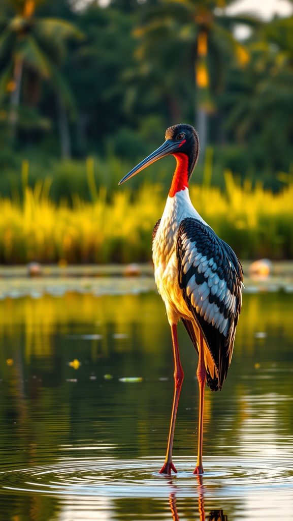 Majestic jabiru stork standing gracefully in shallow water during sunset with vivid reflections.
