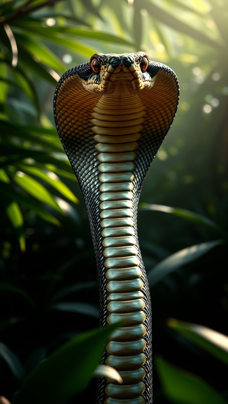 Majestic king cobra snake wallpaper in natural jungle habitat with detailed scales