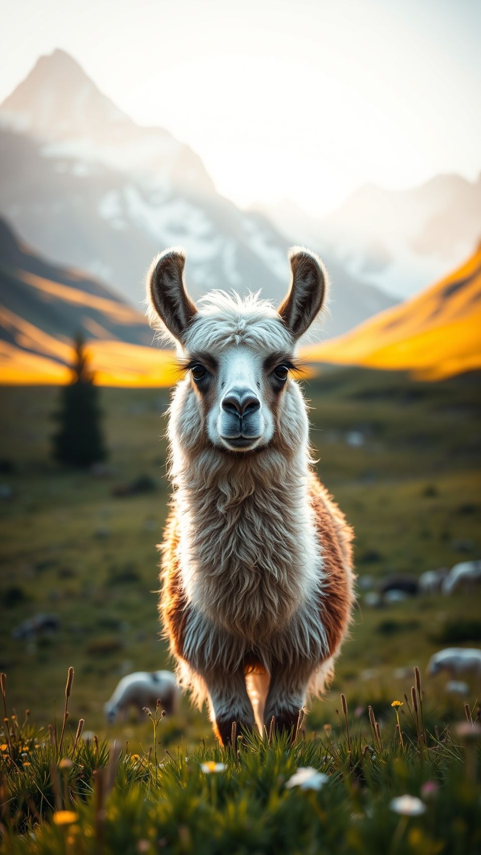 Majestic lama standing in scenic mountain valley with sunlight and snowy peaks