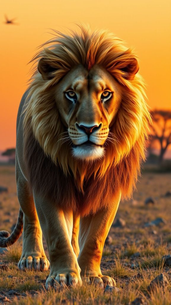Hyper-realistic 3D lion standing in the savannah at sunset