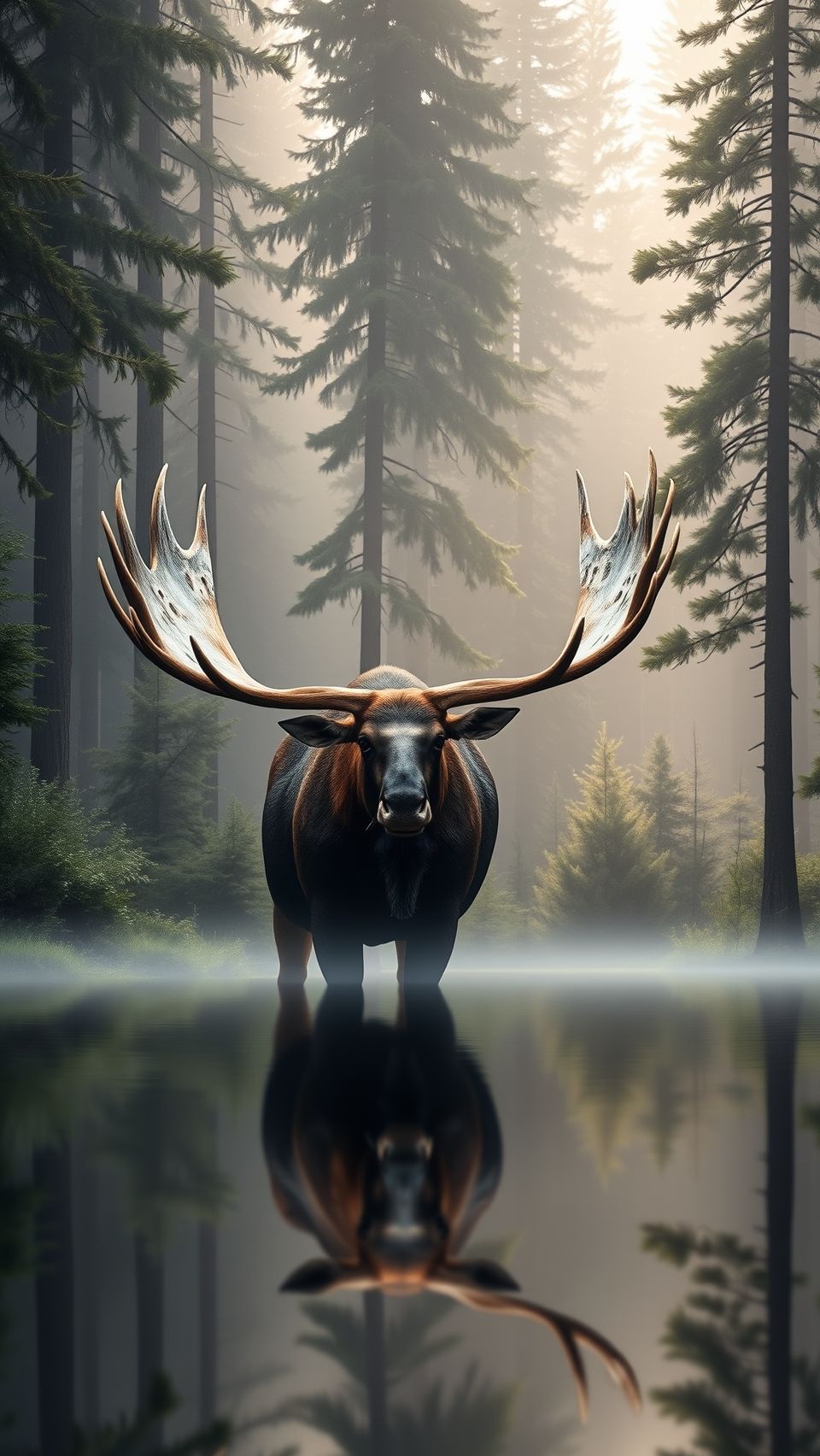 Majestic moose standing in misty forest with large detailed antlers reflection wallpaper