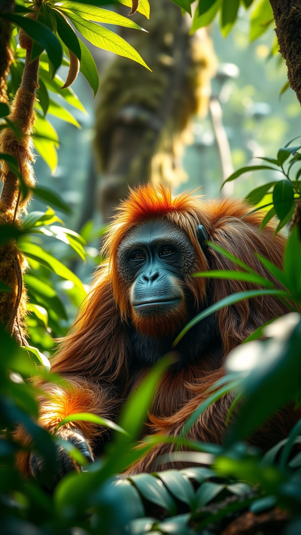 Majestic orangutan sitting calmly in dense jungle forest with natural green leaves
