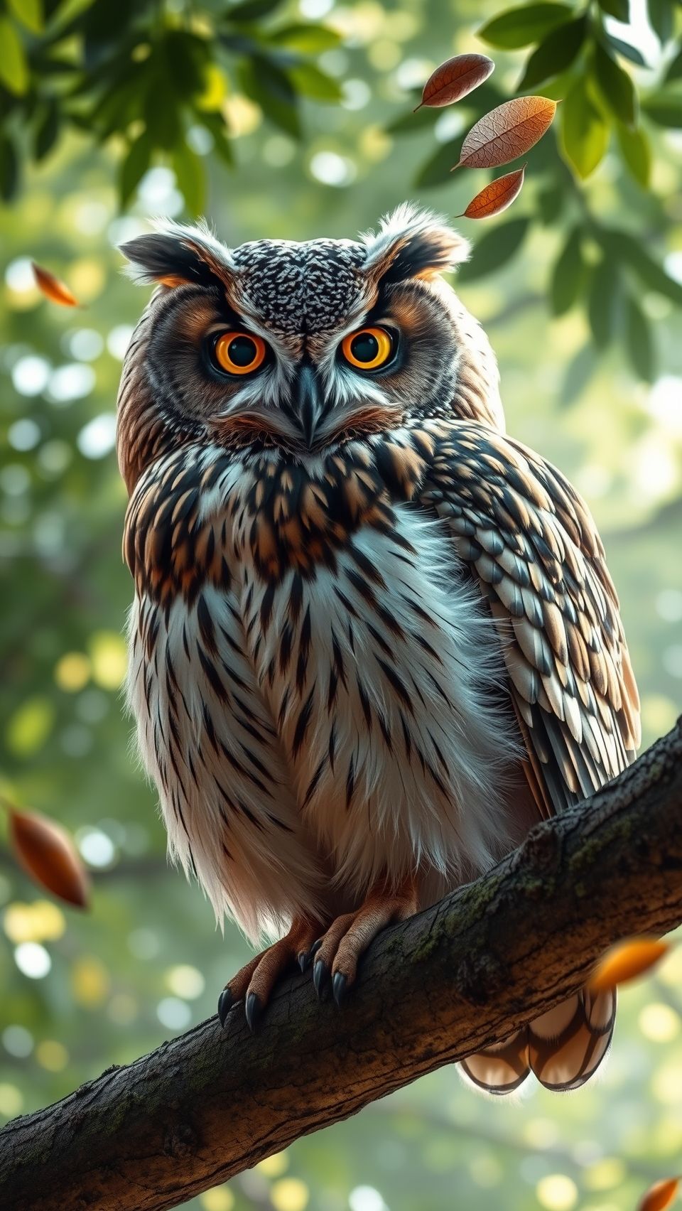 Majestic owl perched on tree branch with intense eyes in a serene setting