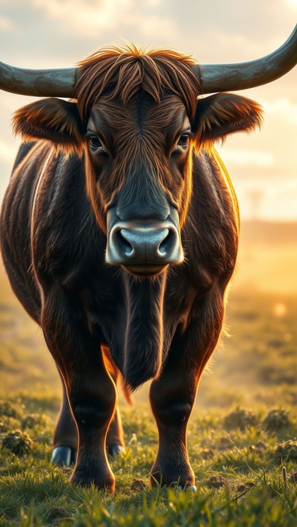 Majestic ox standing in nature with sunset background, strong and powerful bull
