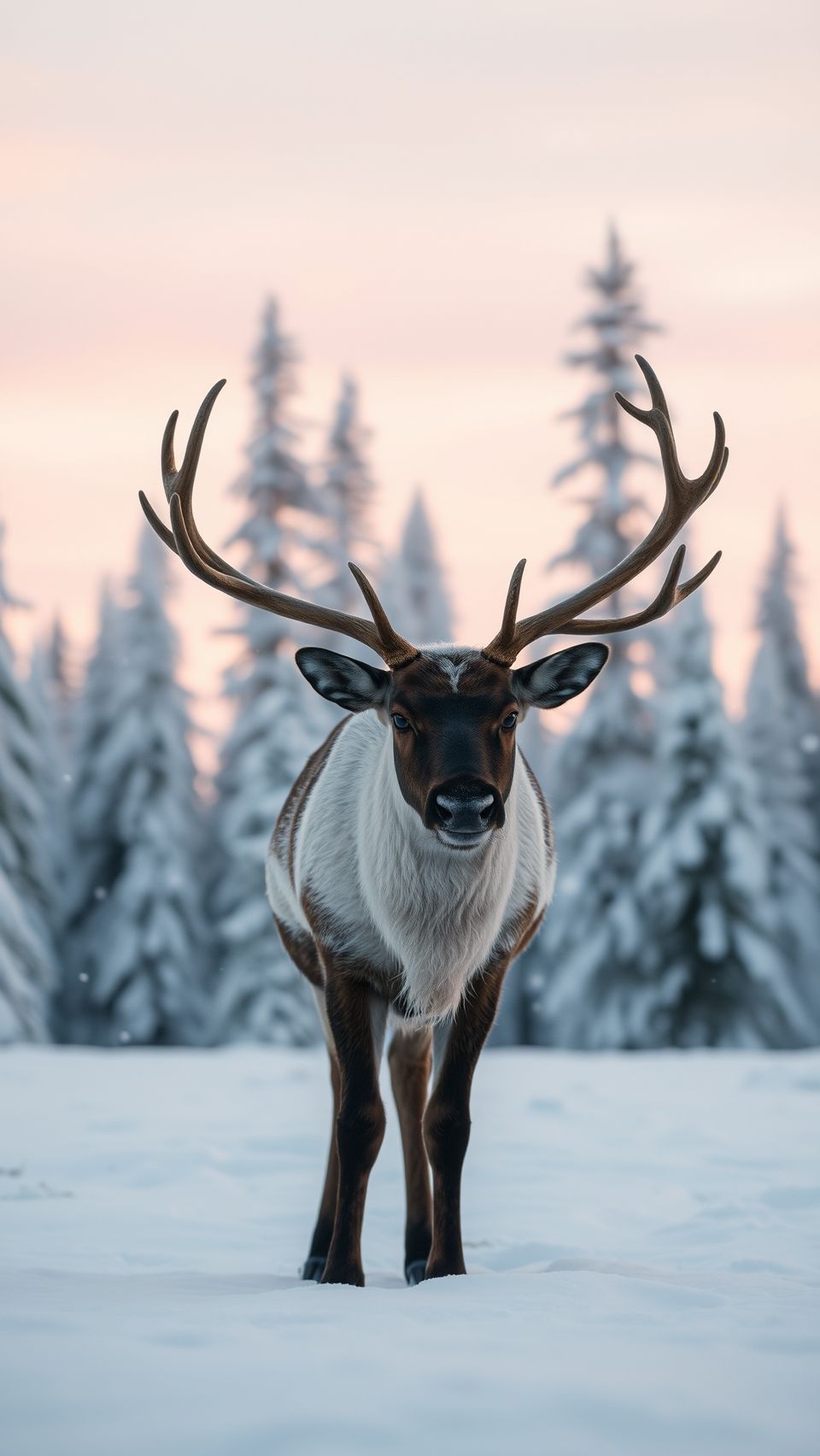 Reindeer standing in a snowy forest with snow-covered trees during sunset.