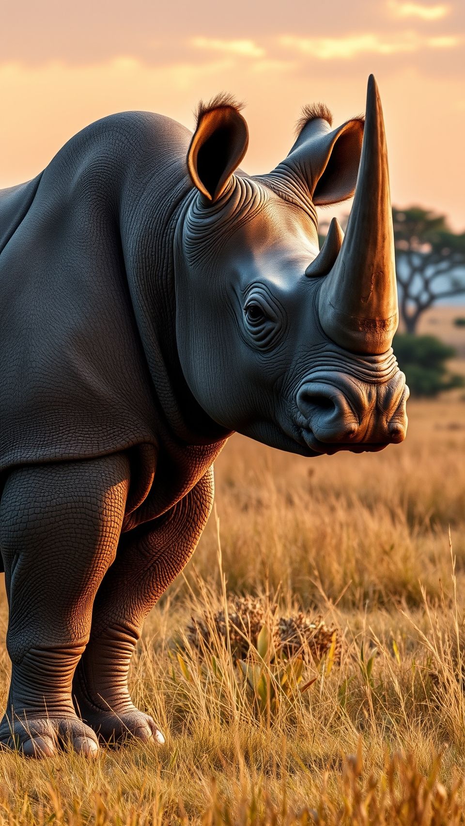 Realistic image of a majestic rhino in its natural habitat, standing in the wild during sunset.