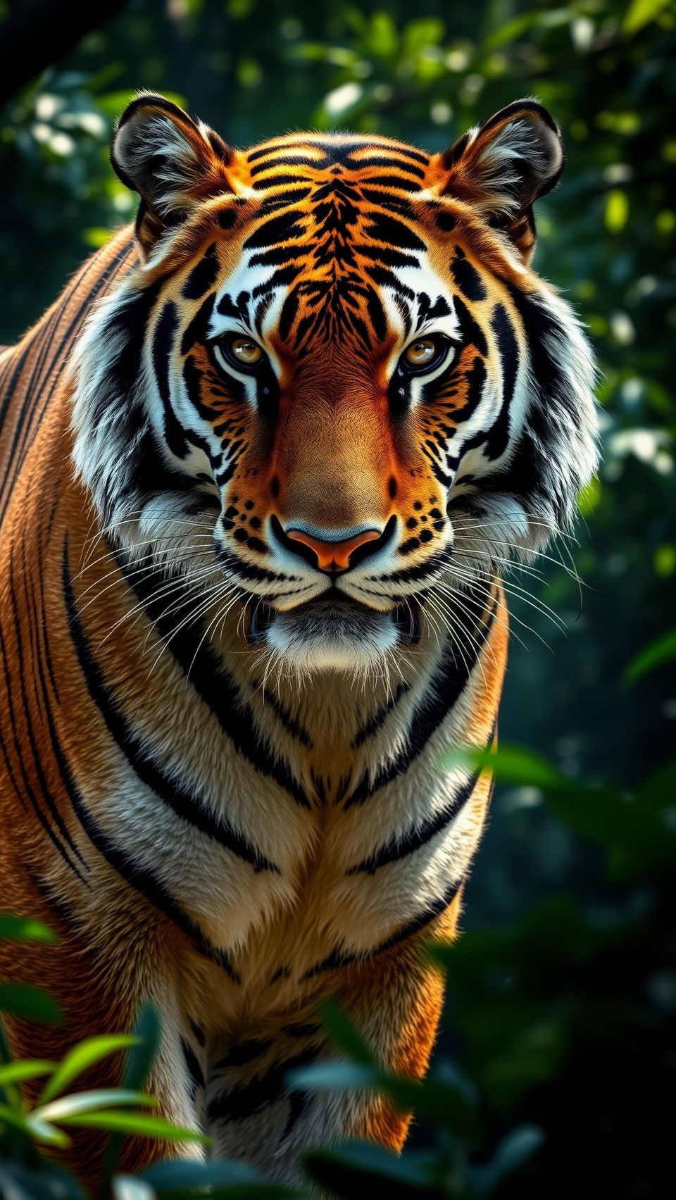 Majestic tiger in the wild with vivid fur details and intense gaze.