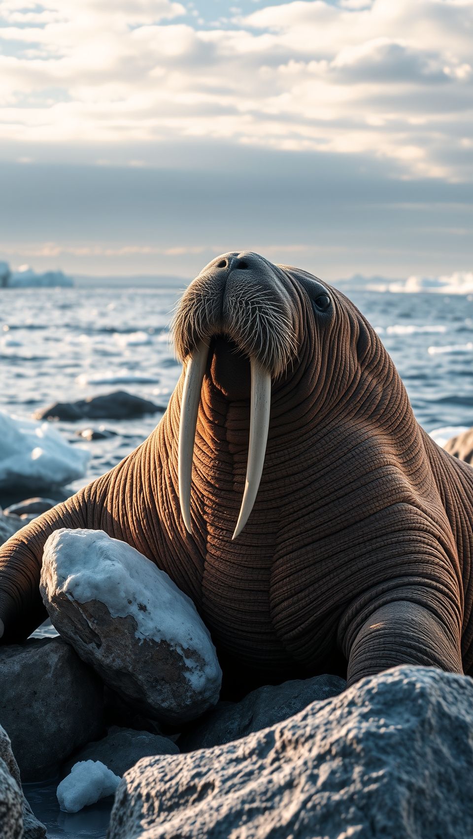 Majestic walrus with long tusks resting on icy rocks near the Arctic Ocean