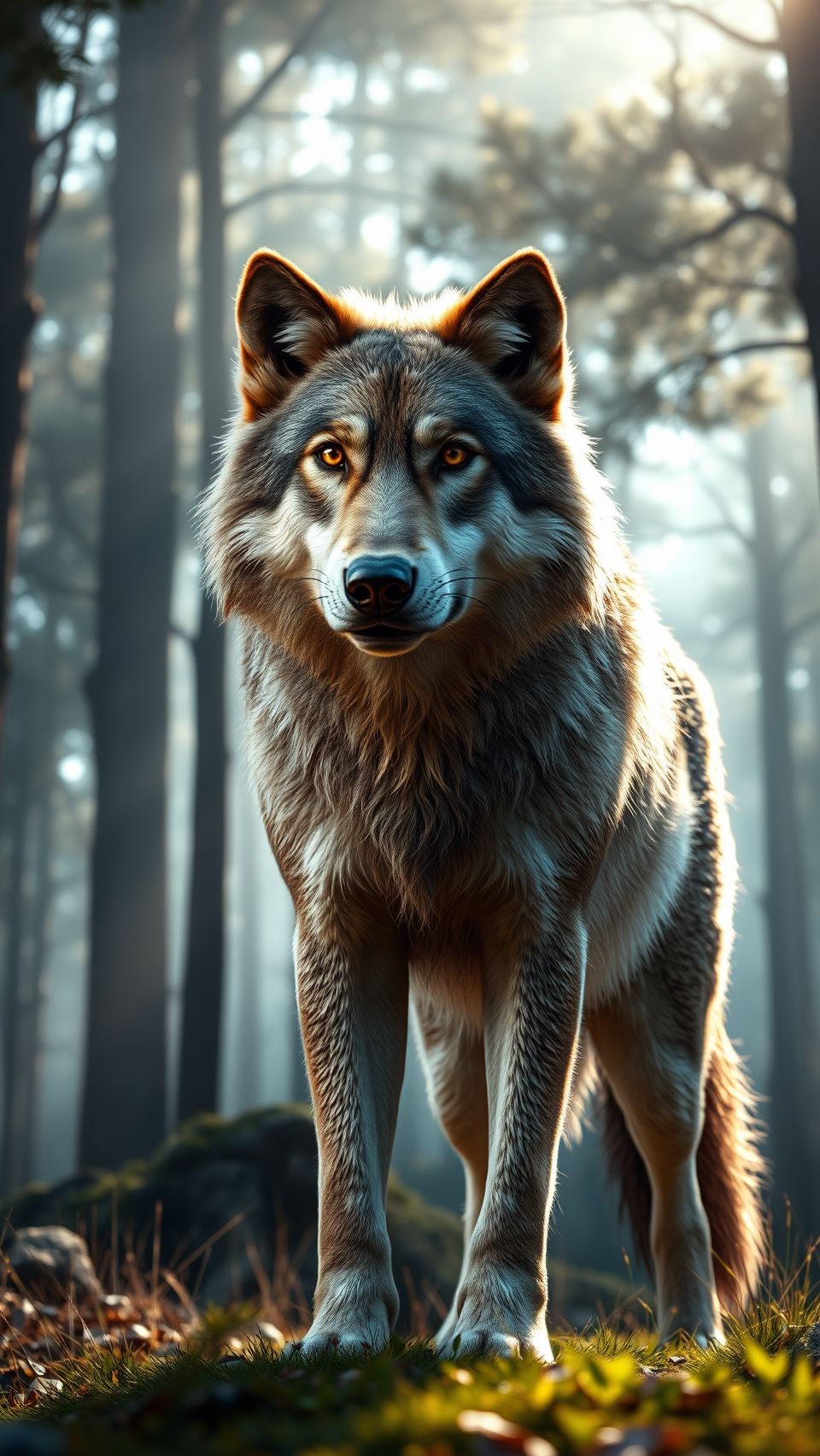 Majestic wolf standing in a forest with detailed fur, illuminated by sunlight.