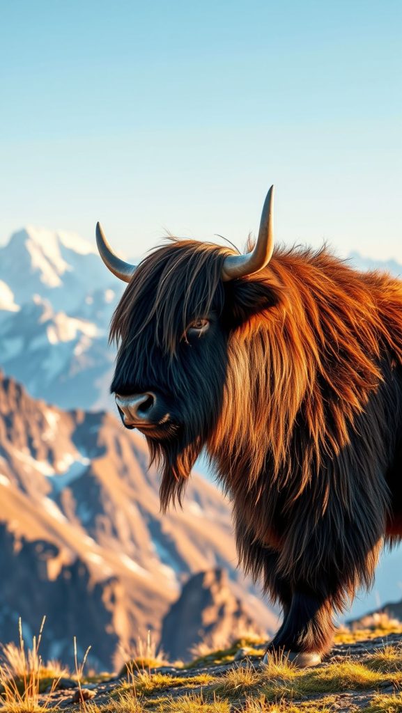 Majestic wild yak standing on Himalayan mountains with golden sunlight on fur
