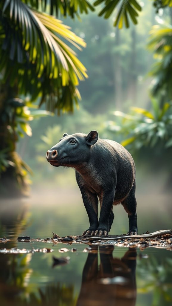 Ultra realistic Malayan tapir standing near water in lush rainforest habitat.