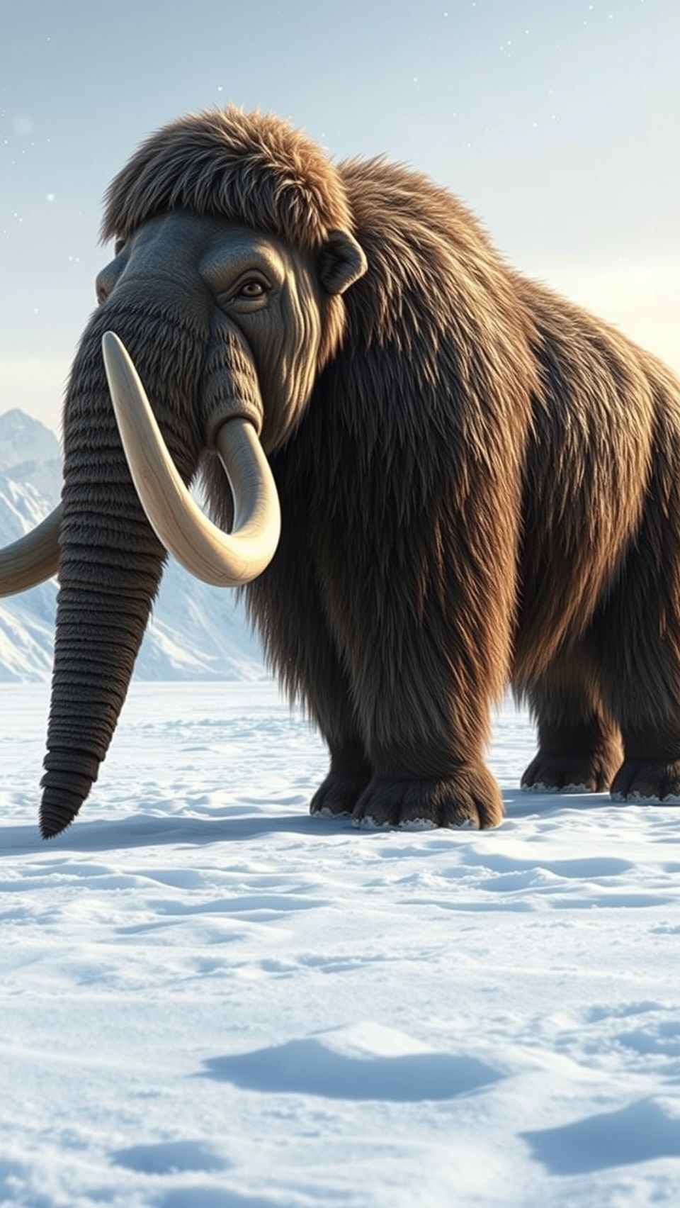 Massive mammoth standing on snowy terrain, realistic winter scene with detailed fur.