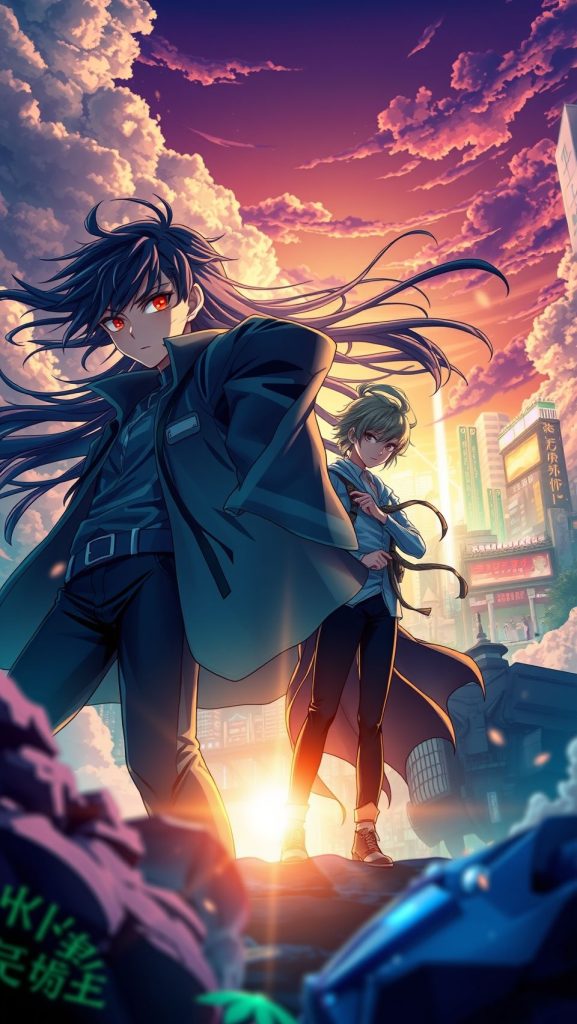 Epic manga wallpaper featuring dark-haired hero with glowing red eyes in futuristic city