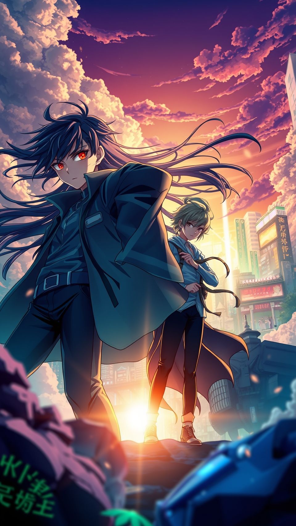 Epic manga wallpaper featuring dark-haired hero with glowing red eyes in futuristic city