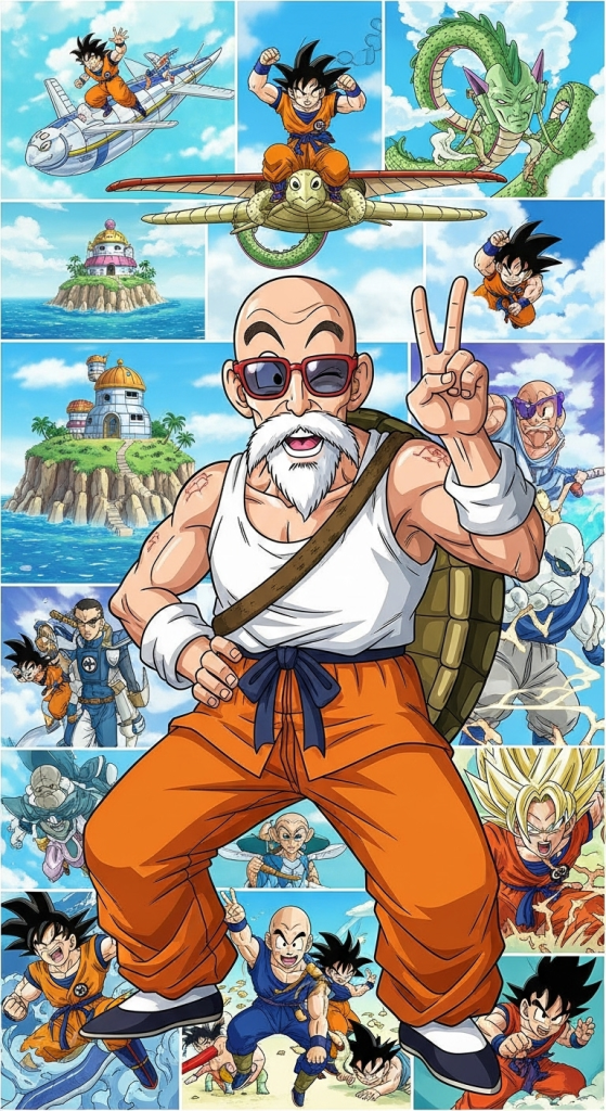 Master Roshi Dragon Ball Z anime wallpaper featuring Goku, Krillin, Shenron, and iconic moments