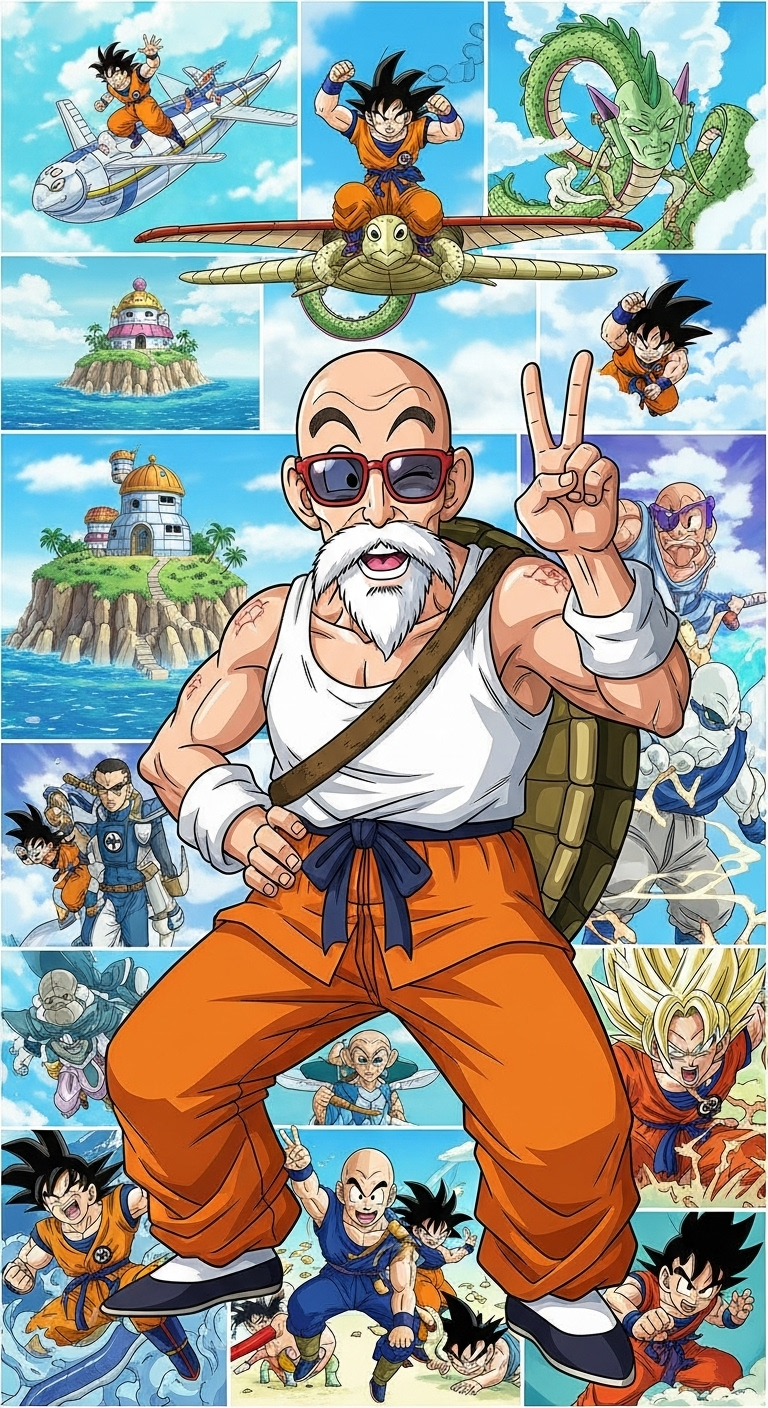 Master Roshi Dragon Ball Z anime wallpaper featuring Goku, Krillin, Shenron, and iconic moments