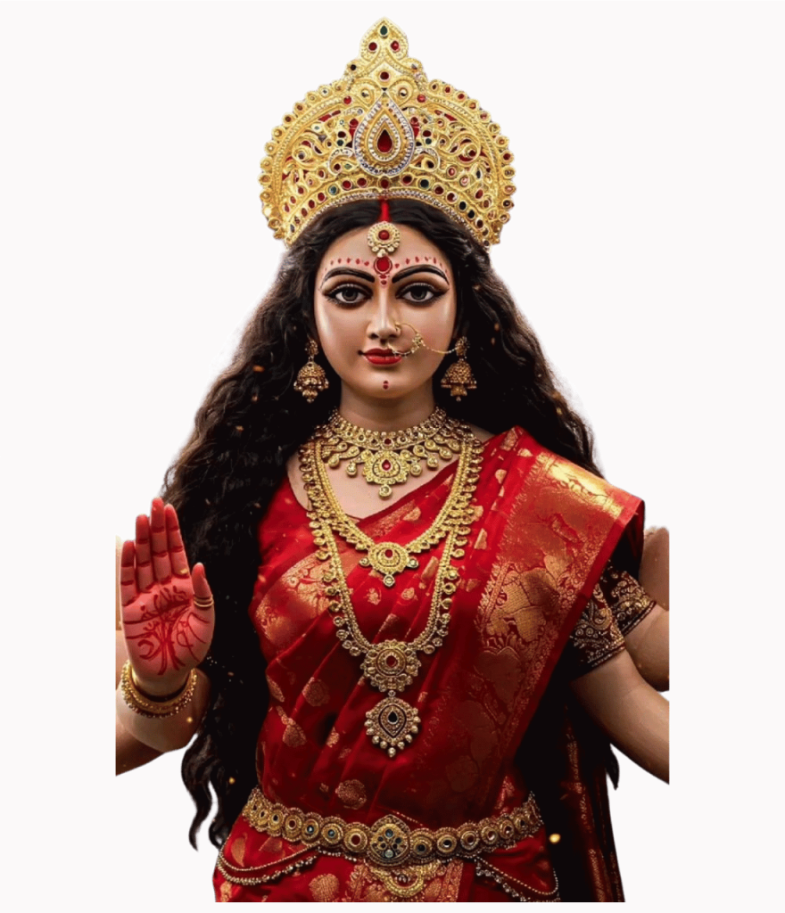 Mata Durga in red saree blessing devotees with divine aura PNG image