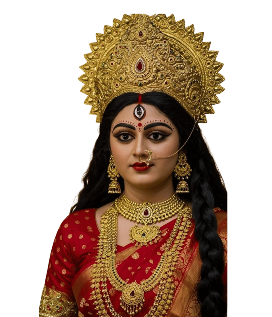 Mata Durga in red saree with golden crown and jewelry PNG image
