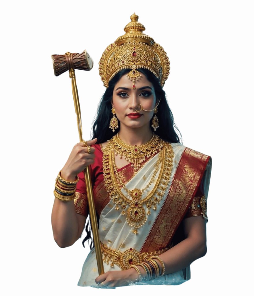 Mata Durga in white and red saree holding divine weapon PNG image