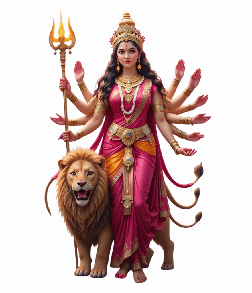 Mata Durga in pink saree with lion and trishul blessing devotees PNG