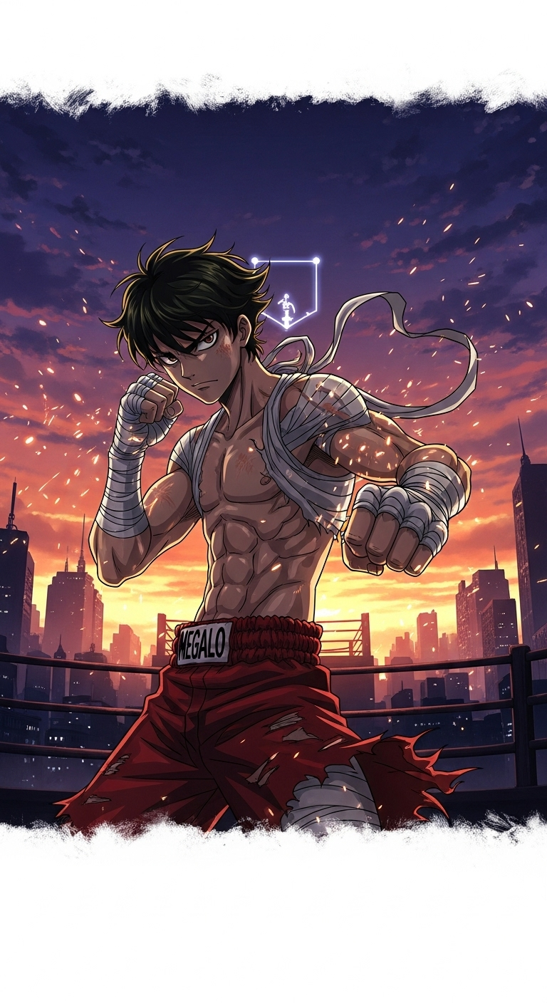 Megalo Box anime wallpaper featuring Joe boxing in ring with sunset city background