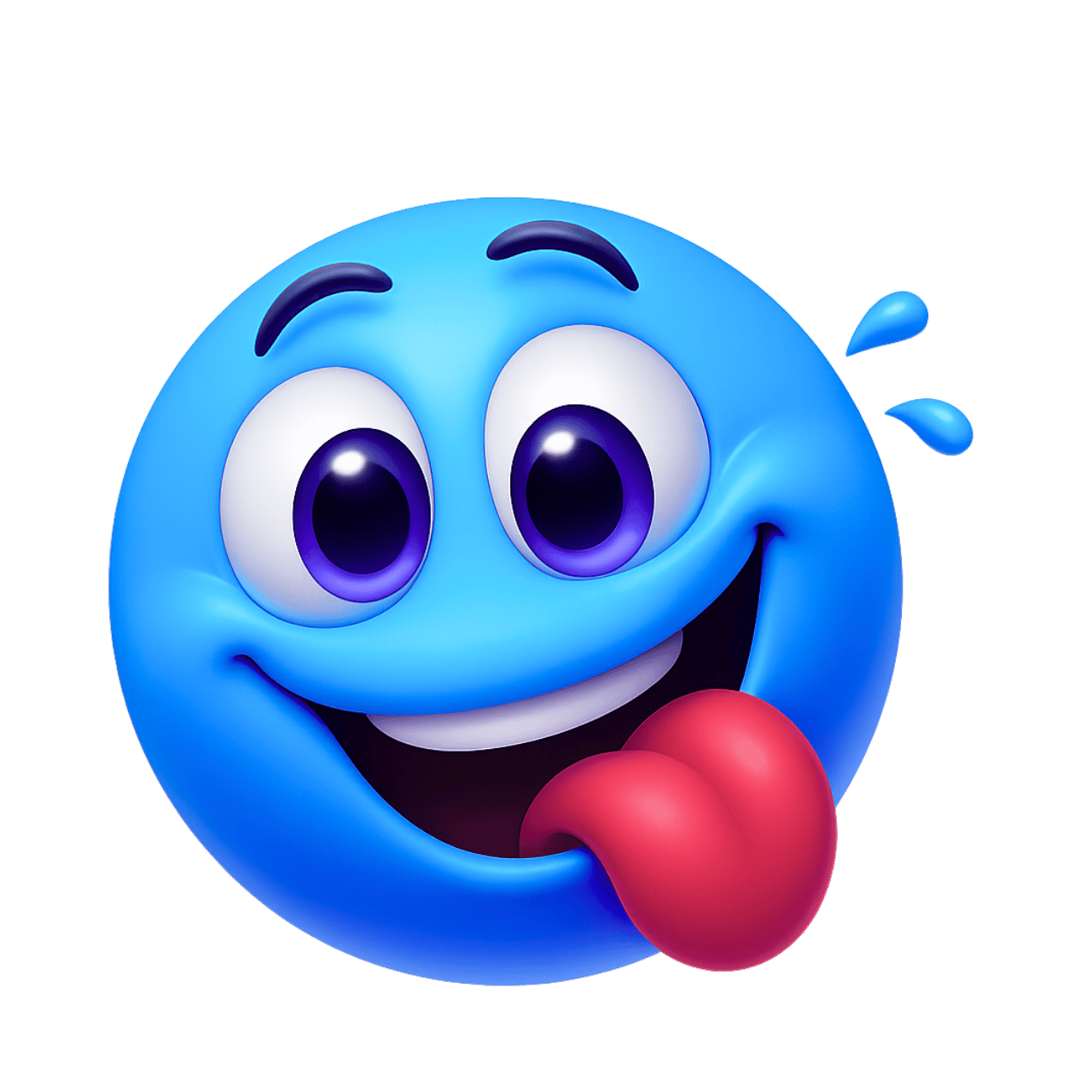 3D blue face emoji with big eyes, tongue out, and happy playful expression