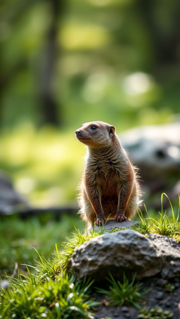 Realistic mongoose standing on rock in green nature with sunlight and blurred background