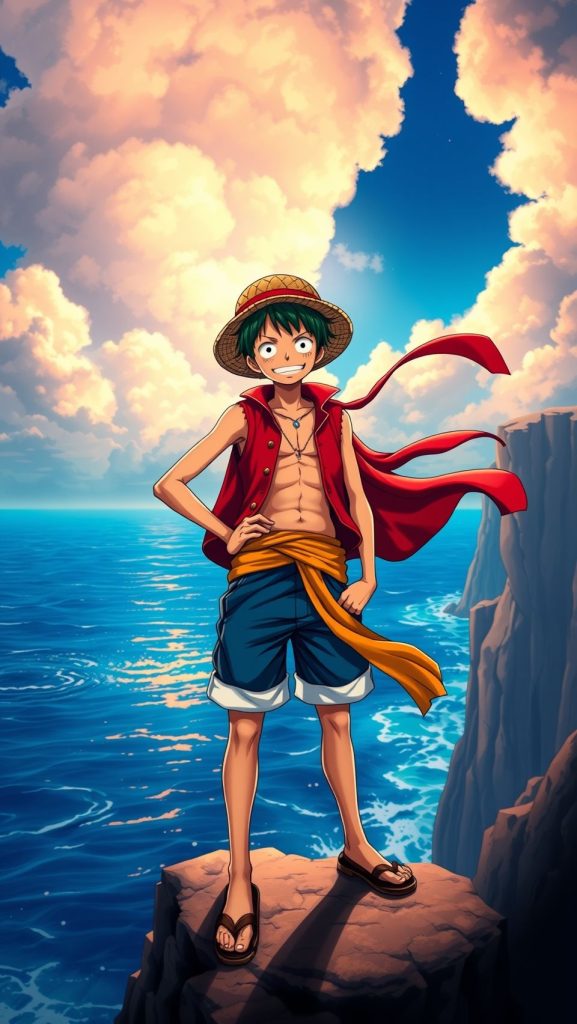 Monkey D. Luffy One Piece anime wallpaper standing on cliff with ocean background