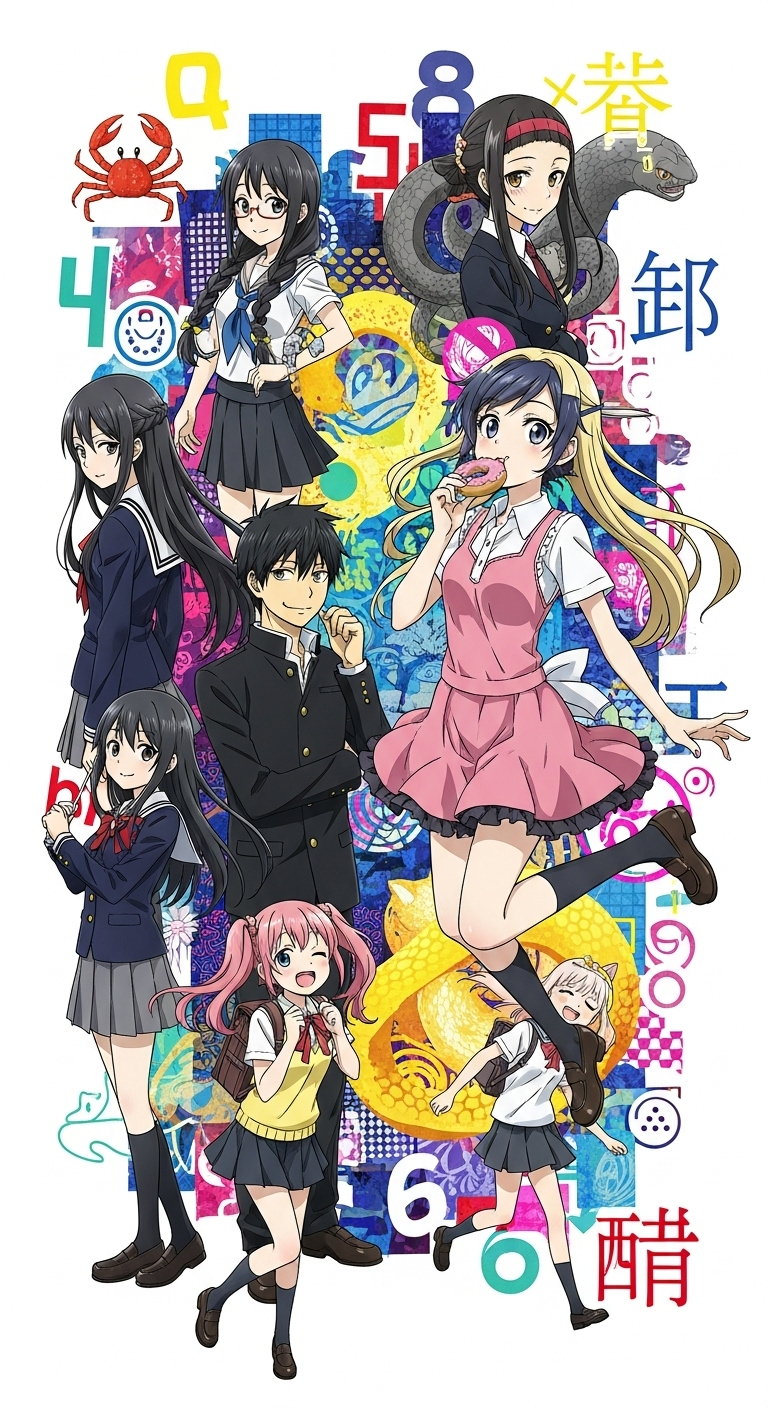 Monogatari anime series characters group wallpaper with colorful artistic background design