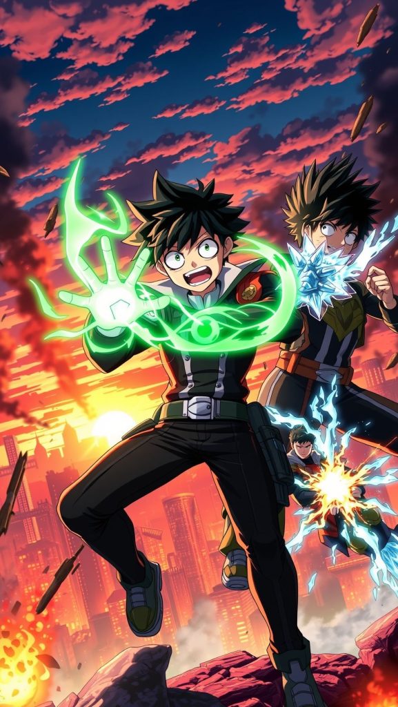 Epic My Hero Academia wallpaper featuring Izuku Midoriya and heroes in dynamic battle scene