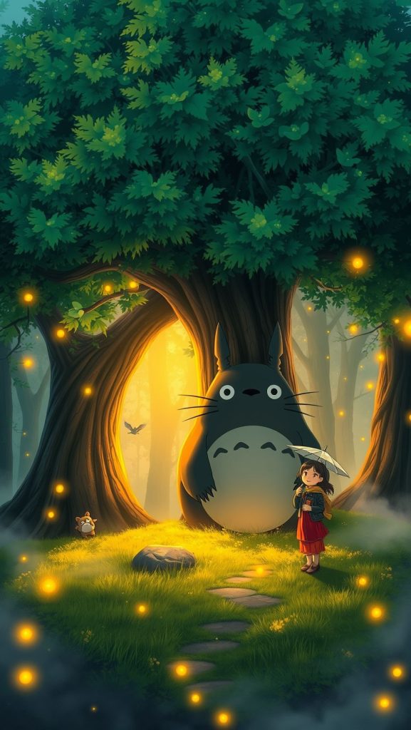 Magical My Neighbor Totoro wallpaper with girl, forest, fireflies, and friendly forest spirit