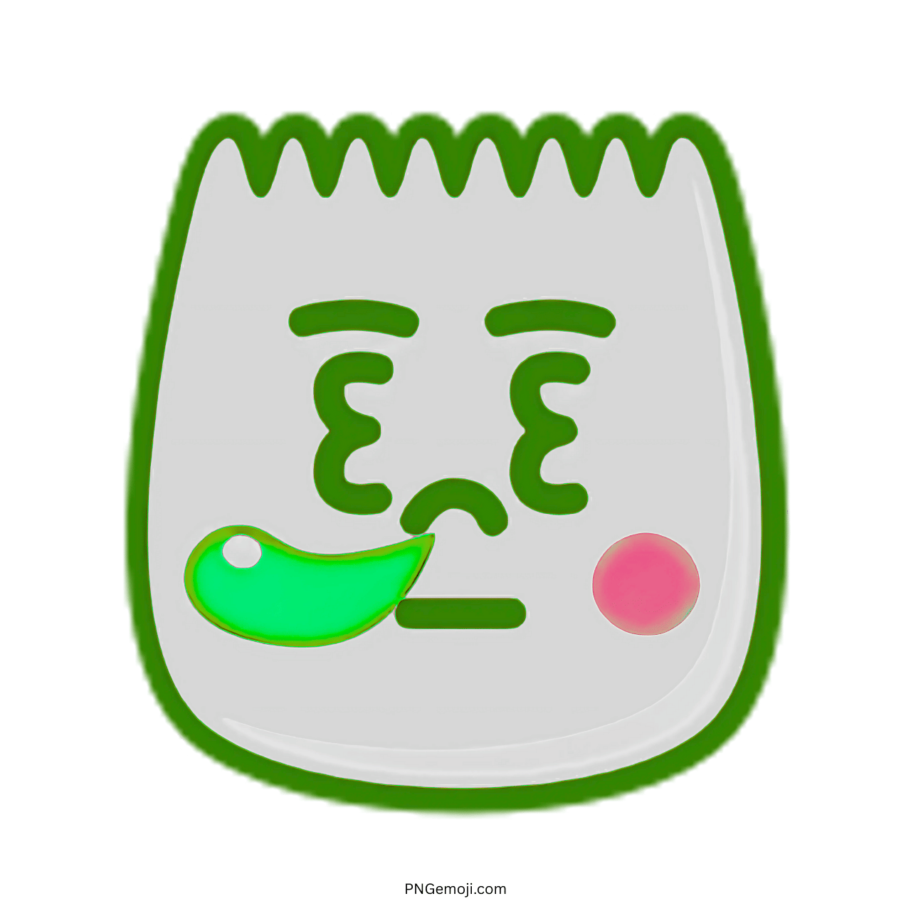 Nap TikTok emoji tired cartoon face with green drool, blush cheeks, and sleepy eyes