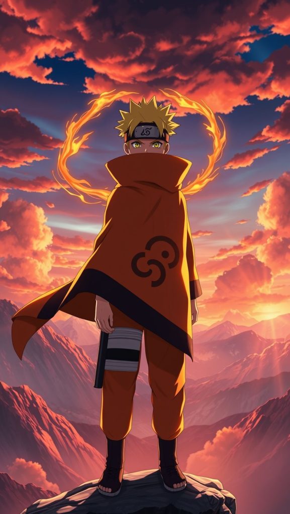 Naruto Uzumaki anime wallpaper standing on mountain cliff with sunset sky background