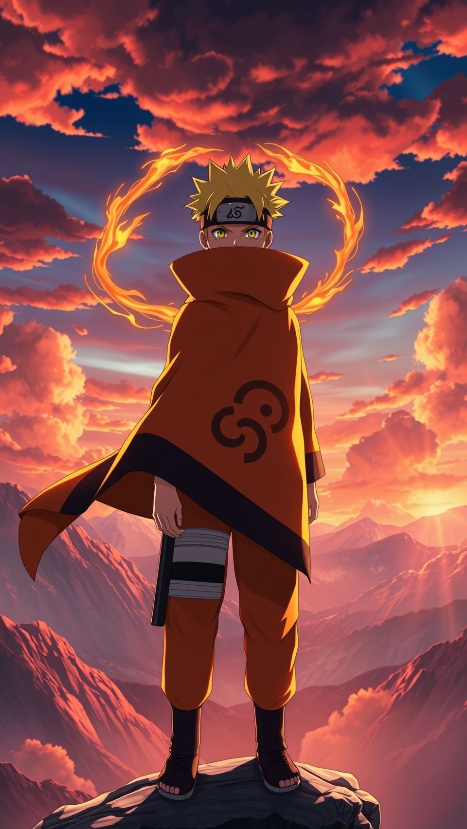 Naruto Uzumaki anime wallpaper standing on mountain cliff with sunset sky background