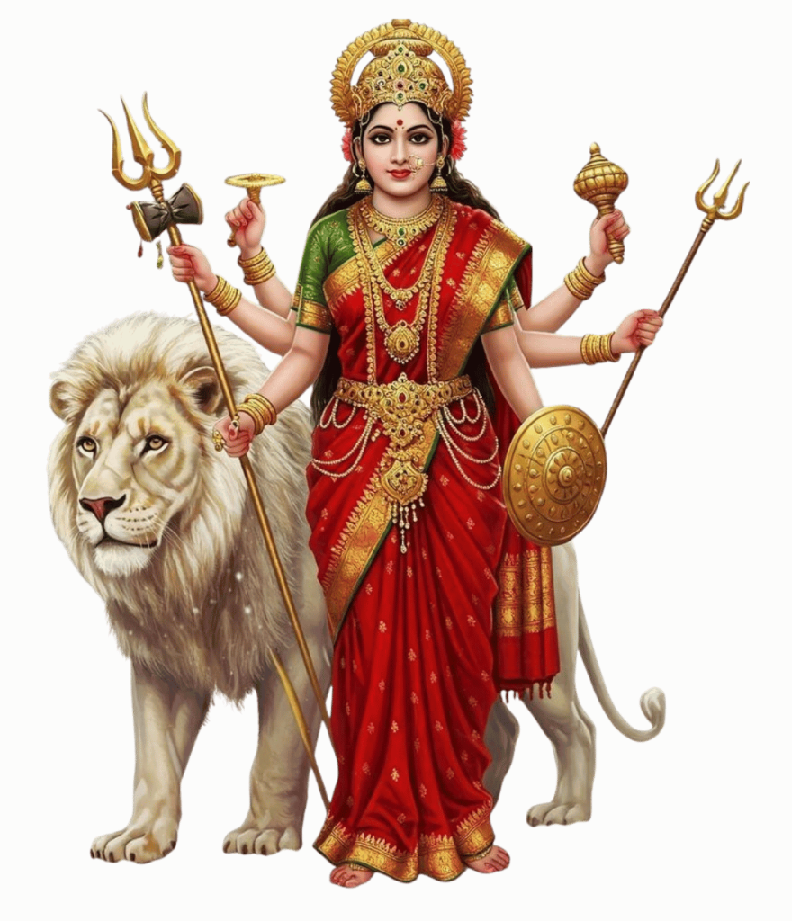 Navratri Durga Puja PNG transparent image of Goddess Durga with lion, trishul, shield, and red saree