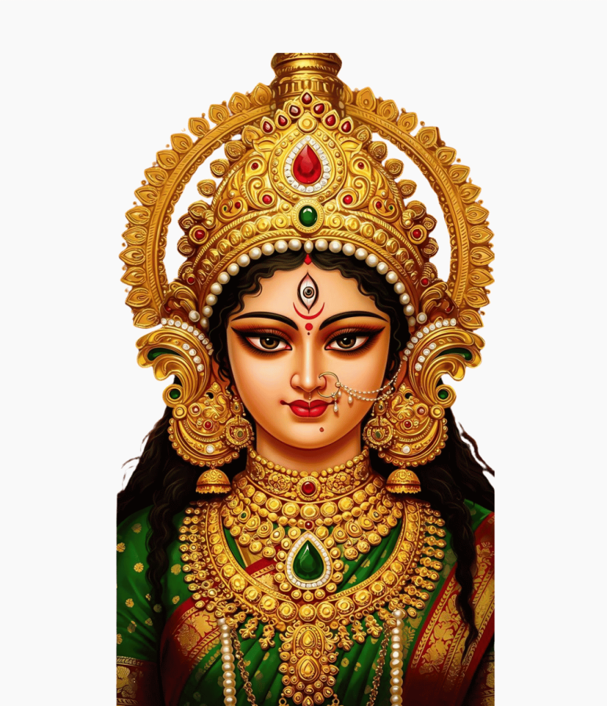 Navratri Maa Durga PNG transparent image with golden crown, jewelry, and green saree for free download