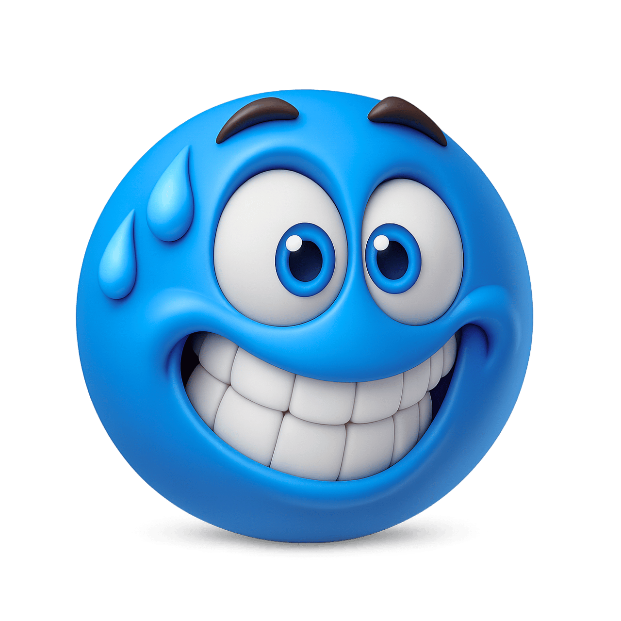 3D nervous smiley emoji with blue face, big teeth grin, and sweat drops expression