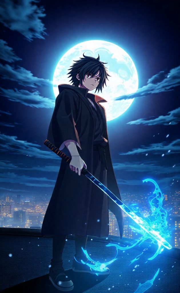 Noragami Yato holding glowing blue sword under full moon anime night sky