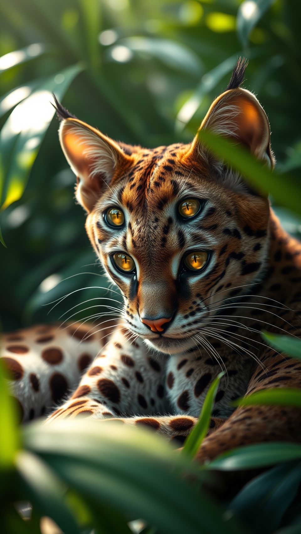 Surreal four-eyed ocelot resting in lush tropical jungle with golden glowing eyes