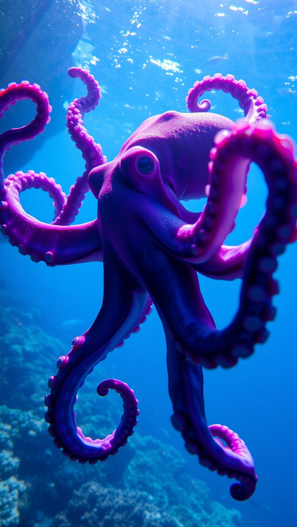 A vibrant purple octopus swimming gracefully in the clear blue ocean depths with its tentacles elegantly curled