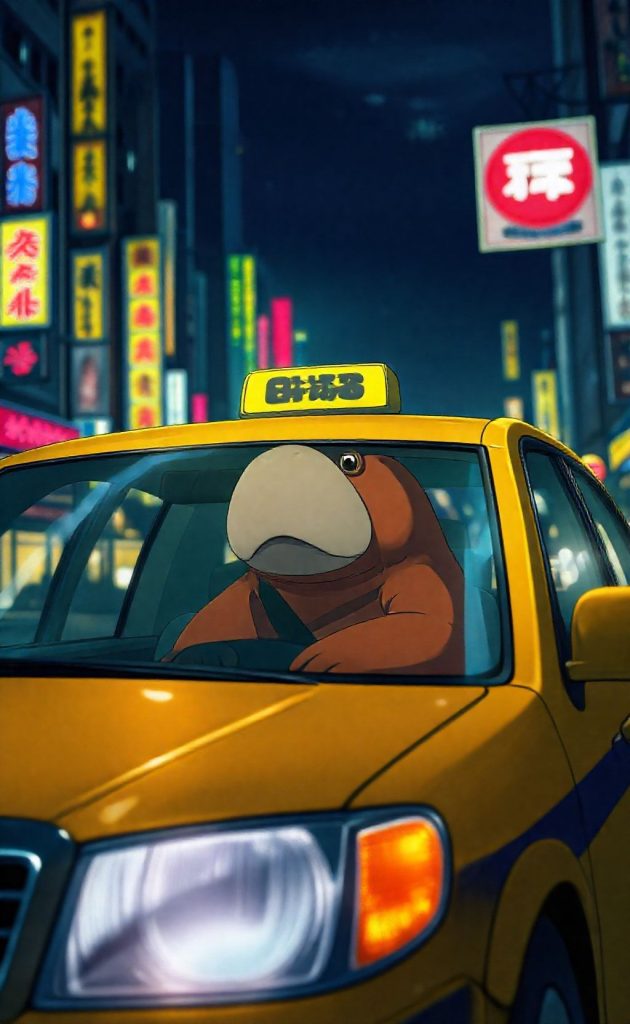 Odd Taxi anime wallpaper featuring Odokawa driving yellow taxi through neon-lit city night