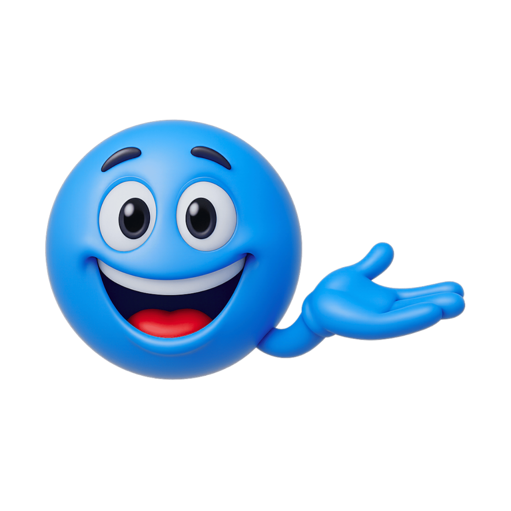 3D blue smiley emoji with open hand gesture and cheerful happy facial expression