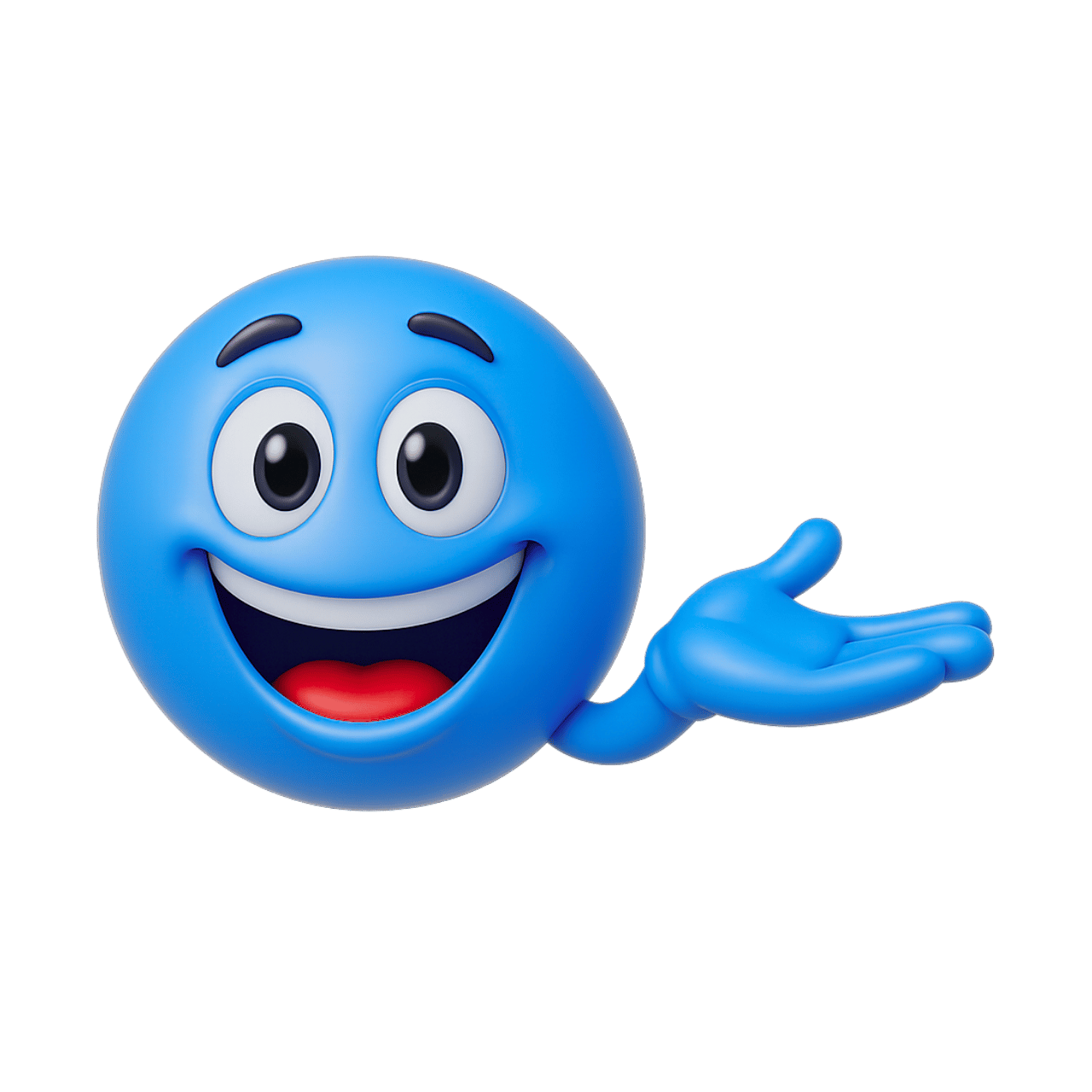 3D blue smiley emoji with open hand gesture and cheerful happy facial expression