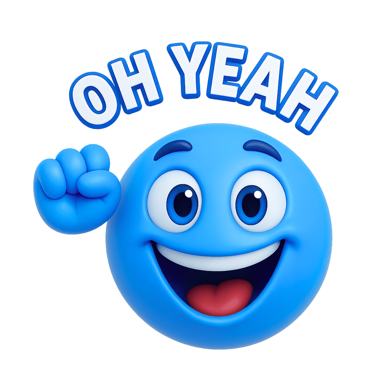 3D blue happy smiley emoji with raised fist and text saying oh yeah