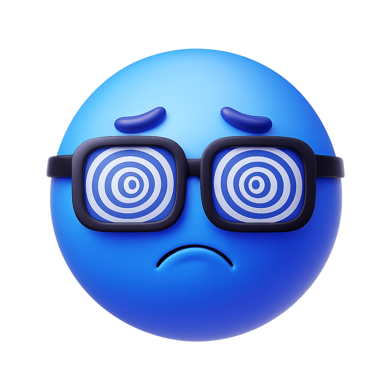 Blue old eyeglasses emoji with spiral hypnotic glasses and sad confused face expression