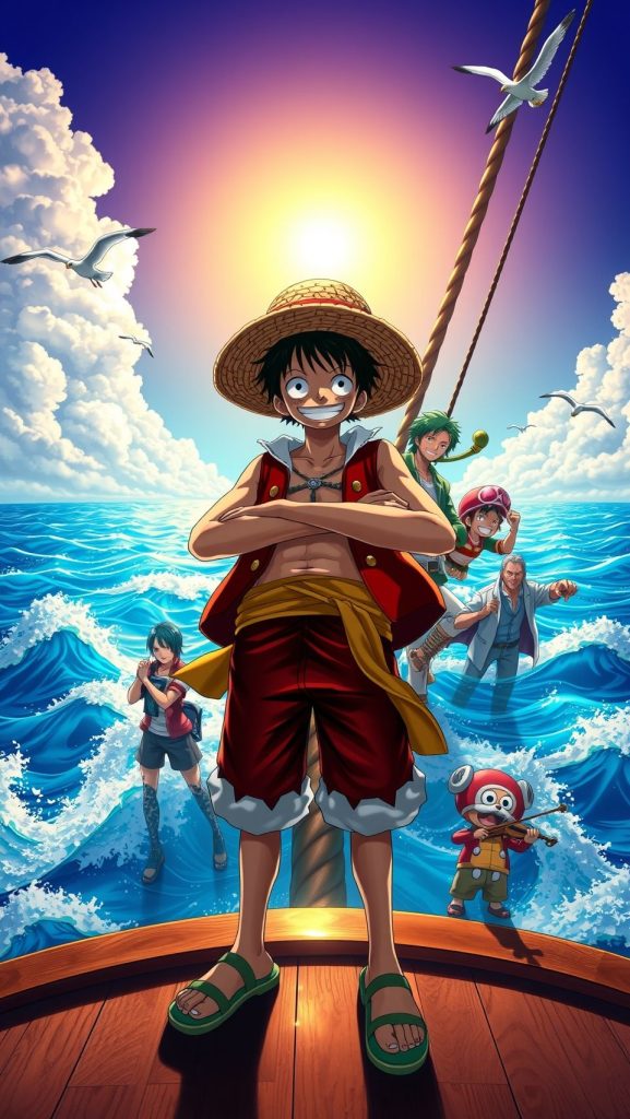 Luffy and his crew standing on the Thousand Sunny in One Piece anime, ocean backdrop.
