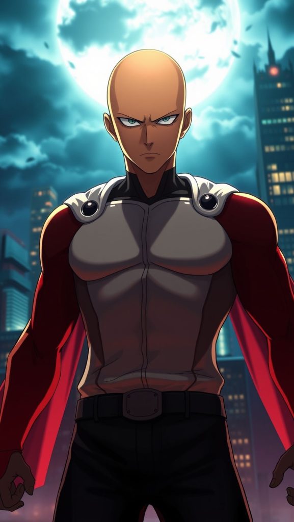 Epic One-Punch Man Saitama anime wallpaper with full moon and city night background